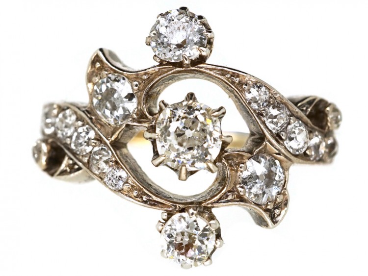 Victorian 18ct Gold, Silver, & Diamond Foliate Design Ring