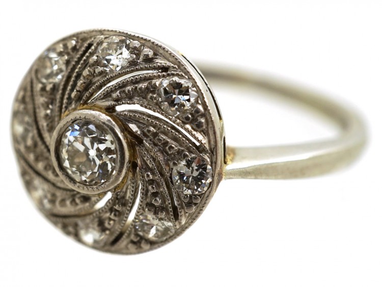 Art Deco 18ct Gold & Platinum Catherine Wheel Design Diamond Set Ring