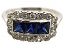 Art Deco 18ct White Gold, Sapphire & Diamond Rectangular Ring