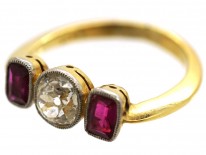 Art Deco 15ct Gold, Three Stone Ruby & Diamond Ring