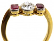Art Deco 15ct Gold, Three Stone Ruby & Diamond Ring