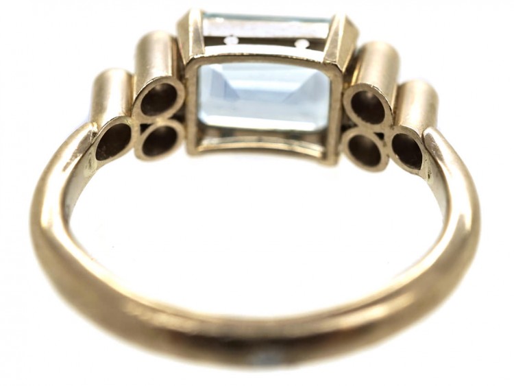 18ct White Gold Rectangular Cut Aquamarine & Diamond Ring