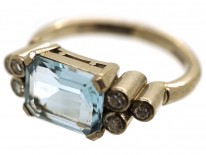 18ct White Gold Rectangular Cut Aquamarine & Diamond Ring