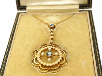 Edwardian 15ct Gold, Aquamarine & Natural Split Pearl Pendant in Original Case