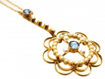 Edwardian 15ct Gold, Aquamarine & Natural Split Pearl Pendant in Original Case