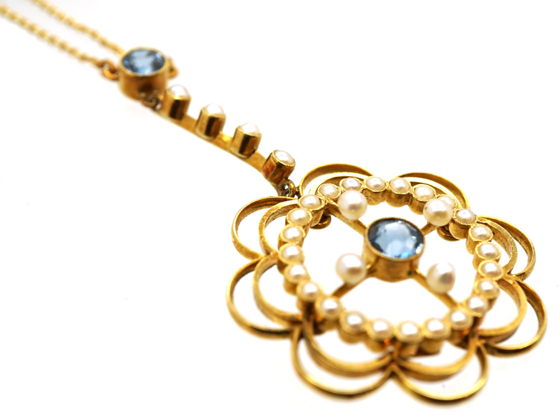 Edwardian 15ct Gold Aquamarine And Natural Split Pearl Pendant In Original Case 654h The 2174