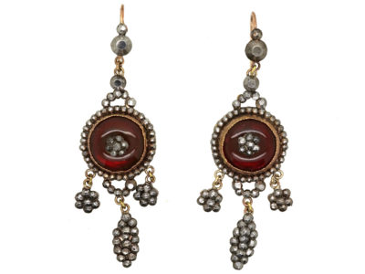 Georgian Cut Steel & Cabochon Red Glass Drop Earrings