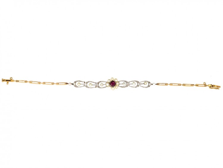 Edwardian 18ct Gold & Platinum, Ruby, Diamond & Natural Pearl Bracelet