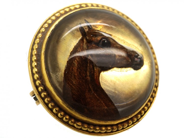 Victorian 18ct Gold & Reverse Intaglio Rock Crystal Brooch of a Horse's Head