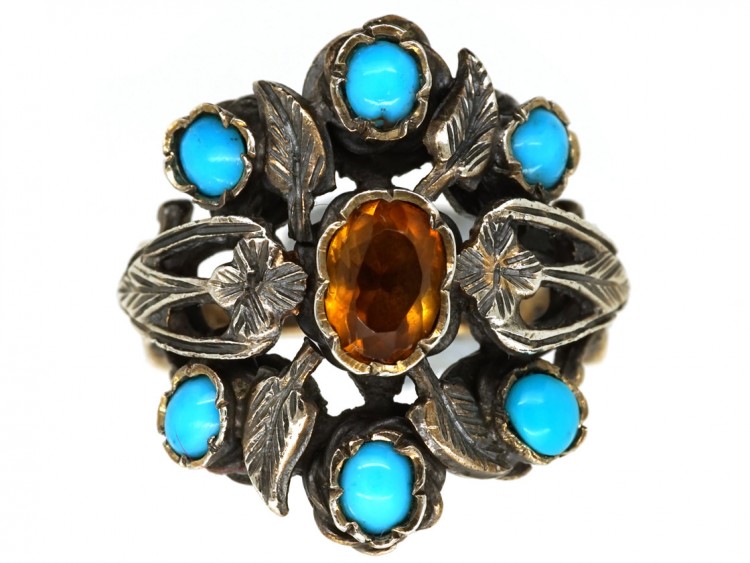 Silver Arts & Crafts Ring Set With Turquoise & a Citrine