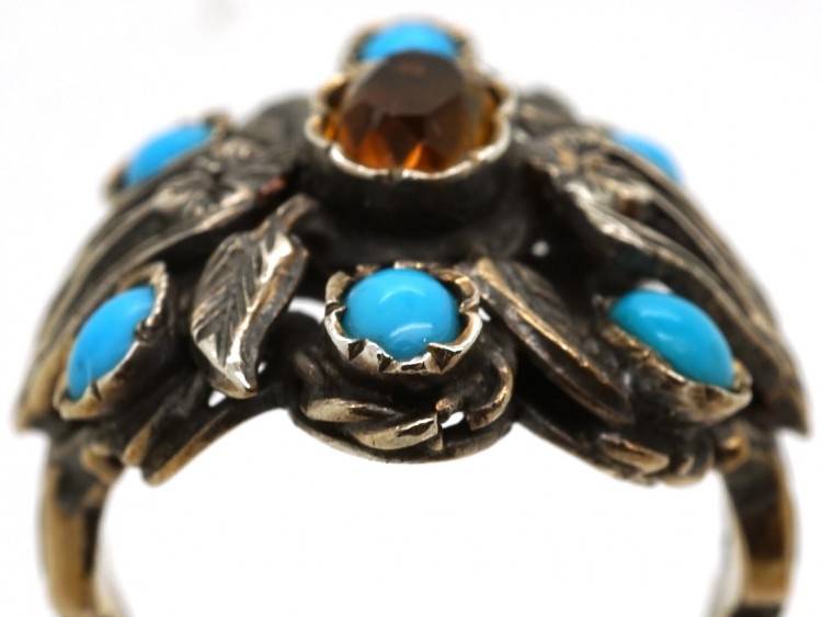 Silver Arts & Crafts Ring Set With Turquoise & a Citrine