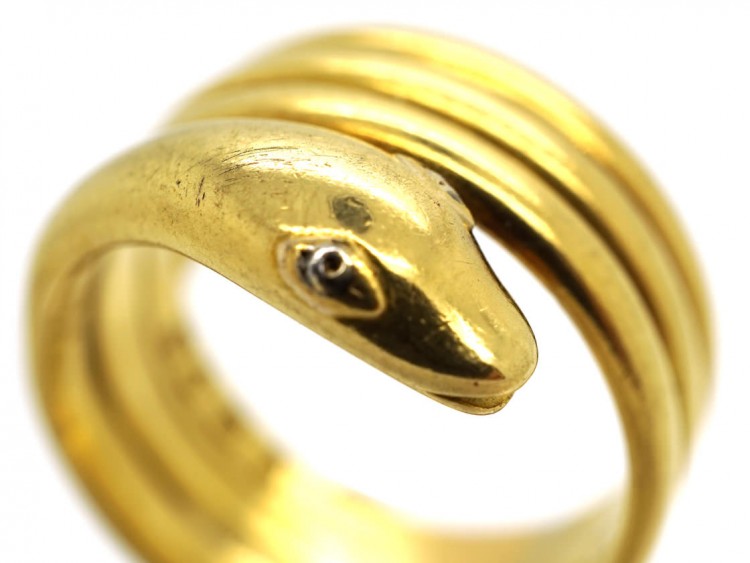 Victorian 18ct Gold Wide Snake Ring With Diamond Eyes