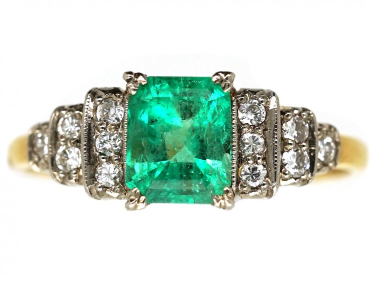 Art Deco 18ct Gold, Platinum, Emerald & Diamond Ring