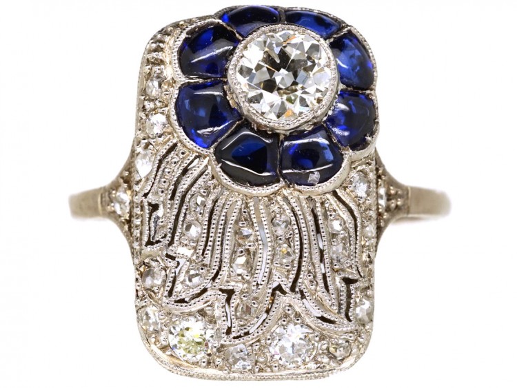 Art Deco 18ct White Gold, Diamond & Synthetic Sapphire Flower Ring