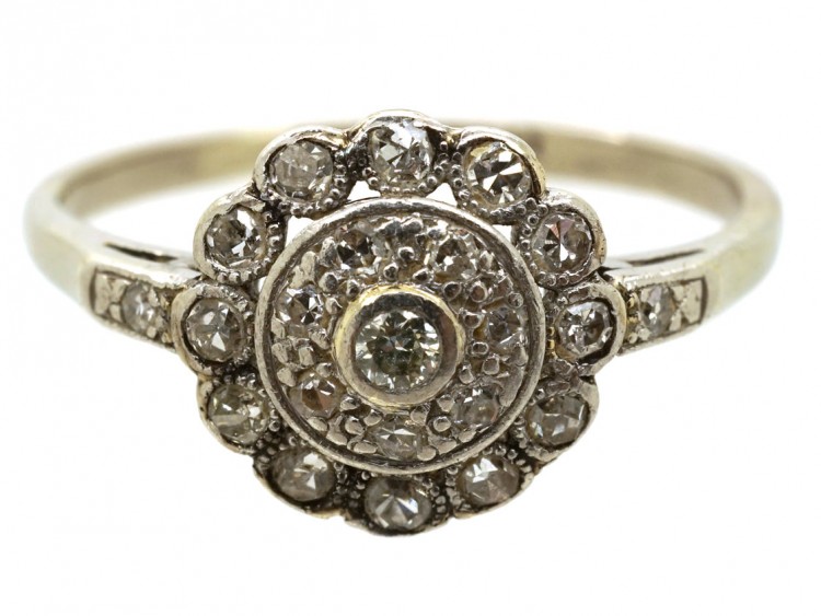 Edwardian 18ct White Gold & Platinum, Diamond Cluster Ring With Diamond Shoulders