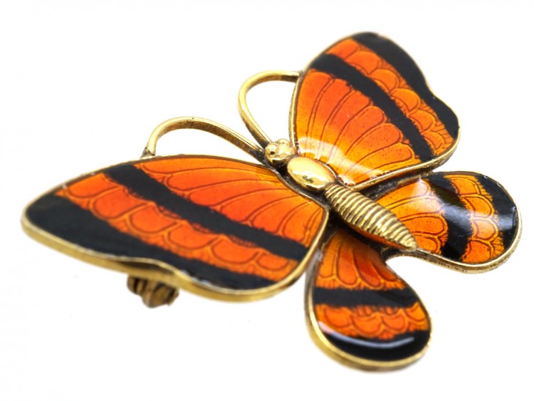 Silver Gilt Orange & Black Enamel Butterfly Brooch by Volmer Bahner