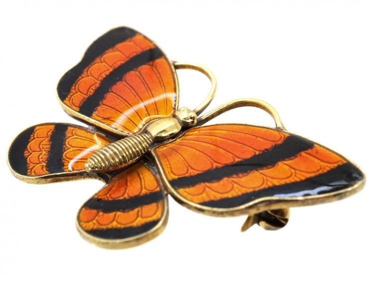 Silver Gilt Orange & Black Enamel Butterfly Brooch by Volmer Bahner