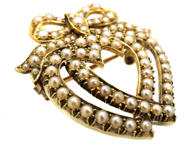 Edwardian 14ct Gold & Natural Split Pearl Double Heart Brooch