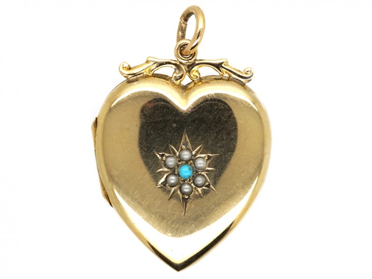 9ct Back & Front, Gold Turquoise & Natural Split Pearl Heart Shaped Locket