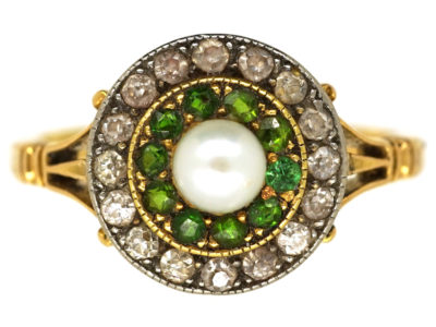 Edwardian 18ct Gold, Green Garnet, Diamond & Pearl Target Ring