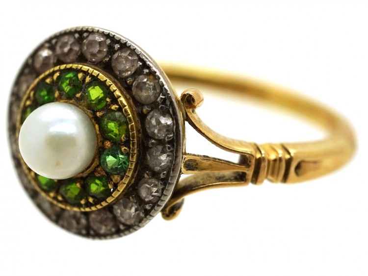 Edwardian 18ct Gold, Green Garnet, Diamond & Pearl Target Ring