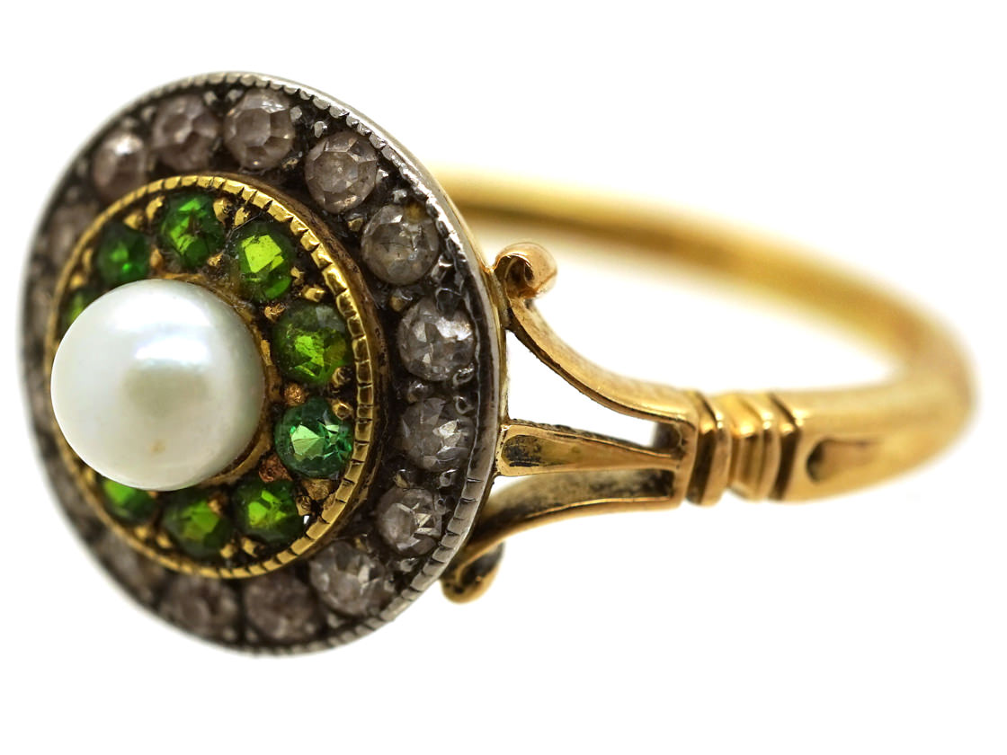 Edwardian 18ct Gold, Green Garnet, Diamond & Pearl Target Ring - The