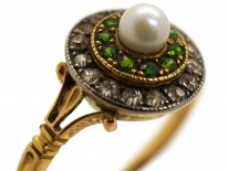 Edwardian 18ct Gold, Green Garnet, Diamond & Pearl Target Ring