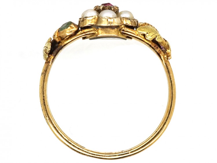 Georgian Two Colour Gold, Pearl, Ruby & Emerald Cluster Ring With Acorns on the Shoulders