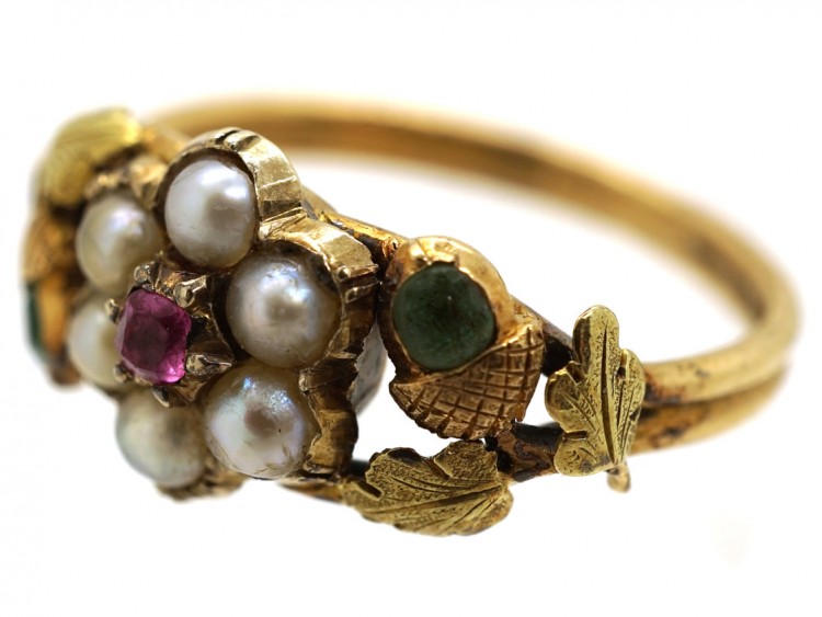 Georgian Two Colour Gold, Pearl, Ruby & Emerald Cluster Ring With Acorns on the Shoulders