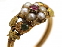 Georgian Two Colour Gold, Pearl, Ruby & Emerald Cluster Ring With Acorns on the Shoulders