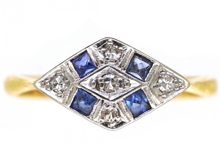 Art Deco 18ct Gold & Platinum, Sapphire & Diamond, Diamond Shaped Ring