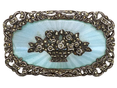Art Deco Silver, Pale Blue Enamel & Marcasite Flower Basket Brooch