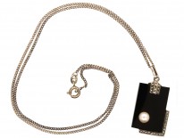 Art Deco Silver, Onyx, Marcasite & Pearl Pendant on a Silver Chain