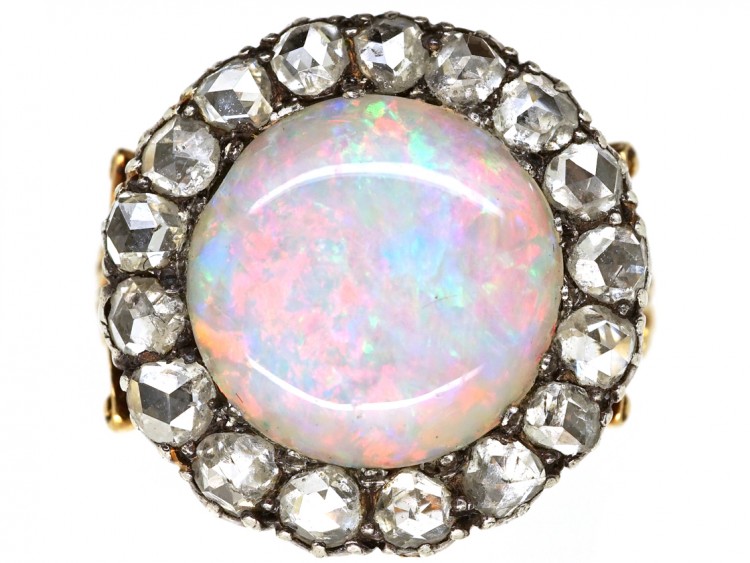 Edwardian 18ct Gold, Large Opal & Rose Diamond Cluster Ring