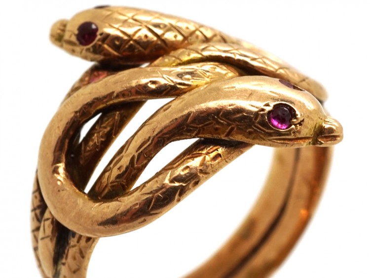Victorian 15ct Gold Double Snake Ring with Ruby Eyes