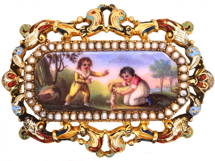 Early 19th Century 15ct Gold & Natural Split Pearl Swiss Enamel Brooch of Children Playing With a Dog
