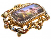 Early 19th Century 15ct Gold & Natural Split Pearl Swiss Enamel Brooch of Children Playing With a Dog