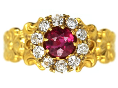 Art Nouveau 18ct Gold Ruby & Diamond Cluster Ring