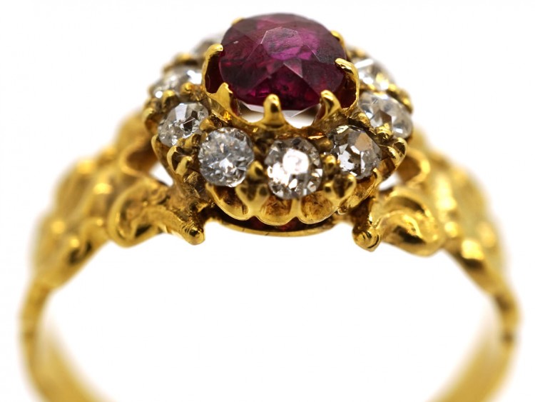 Art Nouveau 18ct Gold Ruby & Diamond Cluster Ring