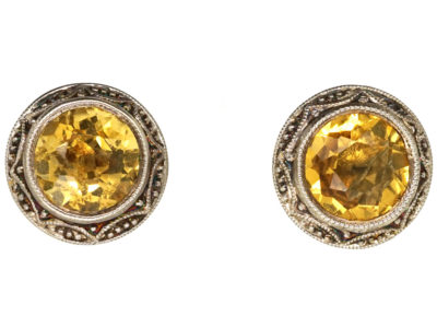Art Deco Silver & Citrine Round Earrings