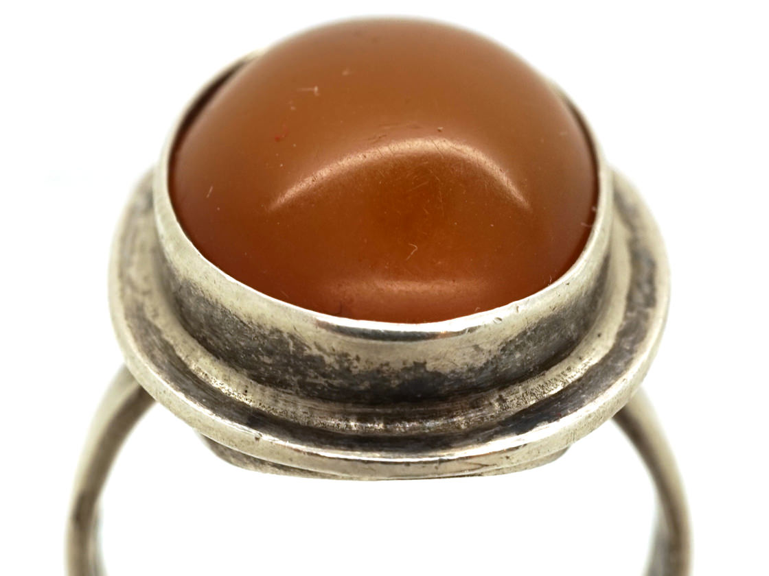 Bague Ancienne En Argent 925 Avec Cabochon D'ambre - Taille 54 - Bijou Vintage Et élégant