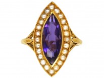 Edwardian 15ct Gold, Amethyst & Natural Split Pearl Marquise Ring by Murrle Bennett