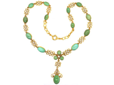 18ct Gold Arts & Crafts Necklace Set With Turquoise & a Diamond