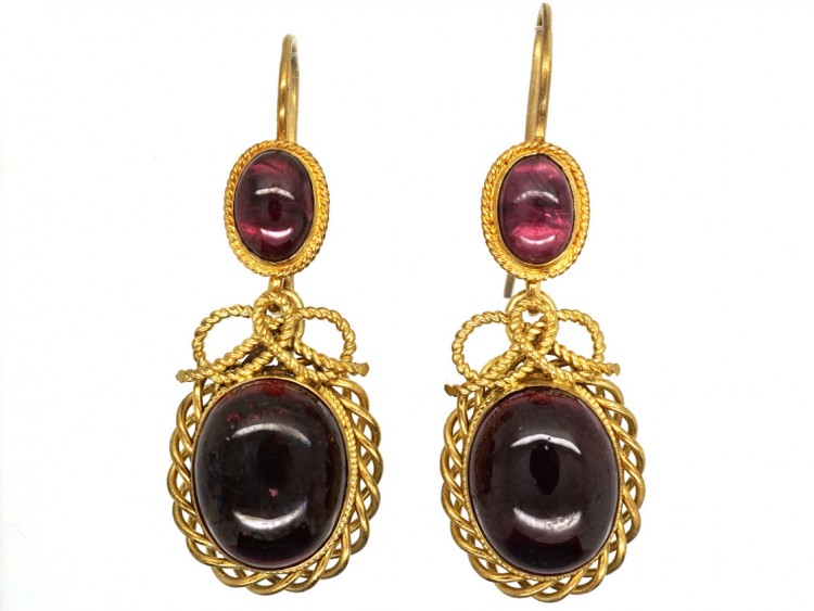 Victorian 15ct Gold & Cabochon Garnet Drop Earrings