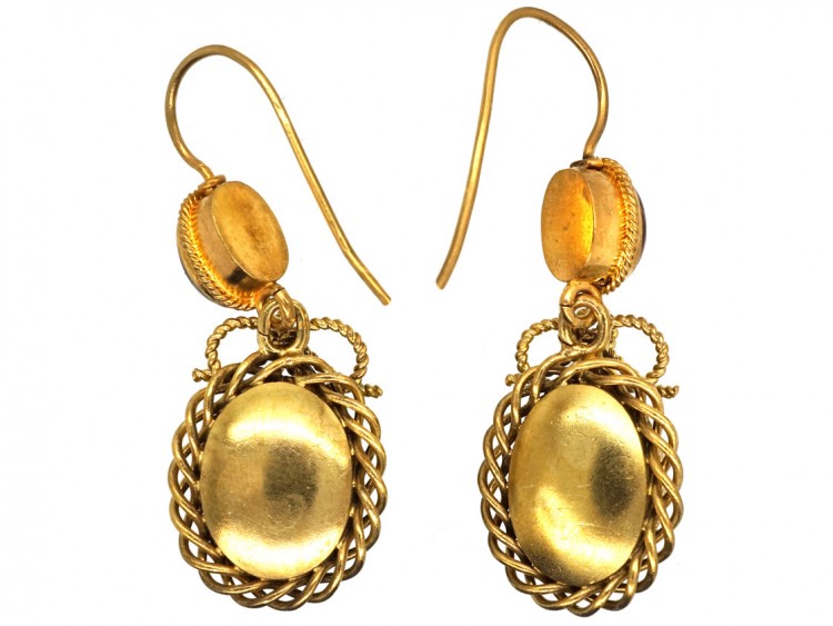 Victorian 15ct Gold & Cabochon Garnet Drop Earrings