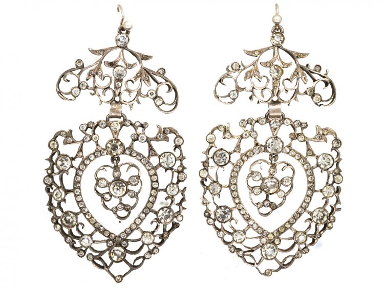 Large Silver & Paste Heart Shaped Drop Earrings