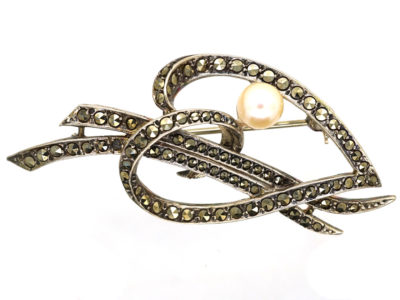 Silver, Marcasite & Pearl Woven Heart Brooch