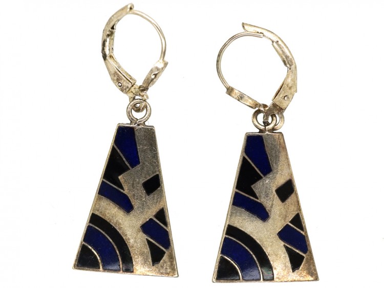 Art Deco Silver, Blue & Black Enamel Earrings