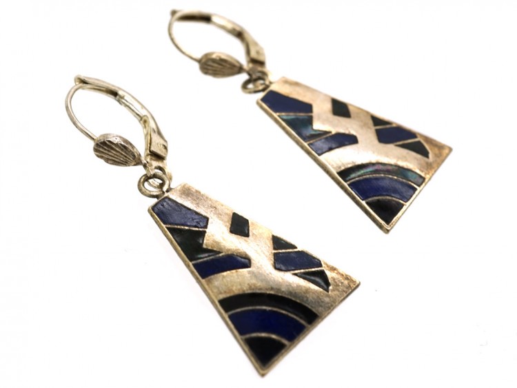 Art Deco Silver, Blue & Black Enamel Earrings