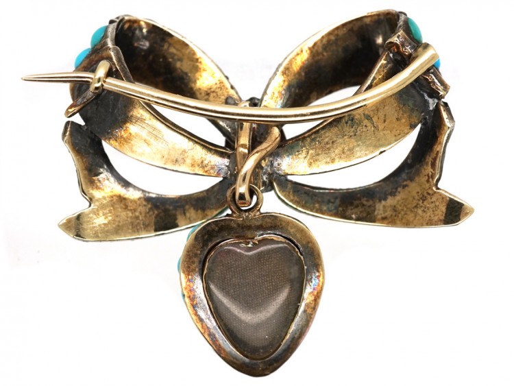 Victorian Gold & Silver & Turquoise Bow & Heart Brooch